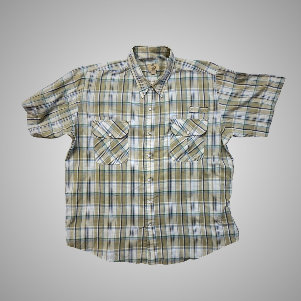 Haband Travelers Plaid Shirt Mens XL Tan Blue Excellent Short Sleeve Utility